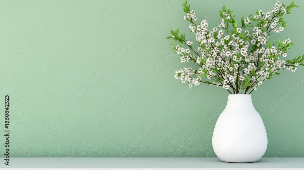 Simple vase with spring blossoms against a soft green wall Simple vase with spring blossoms against a soft green wall