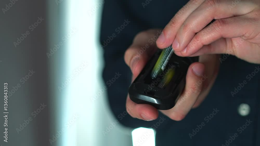 A man changes batteries on a TV remote.
Remote control battery