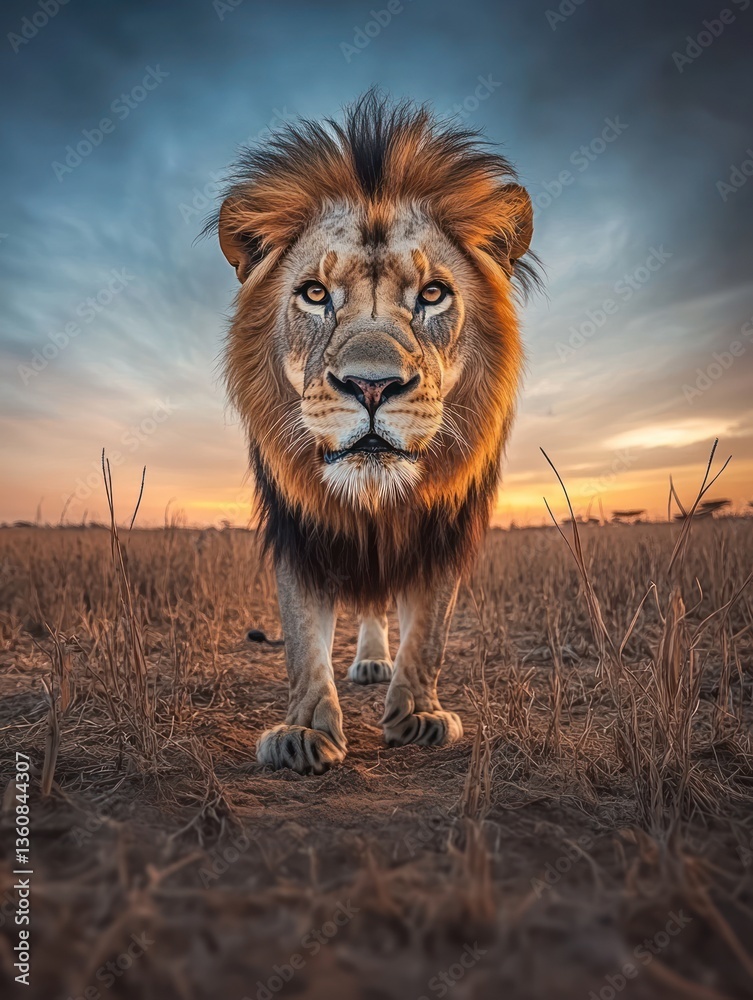 Obraz premium Majestic lion at sunrise. A powerful male lion, with a striking mane, faces forward in a golden sunrise landscape