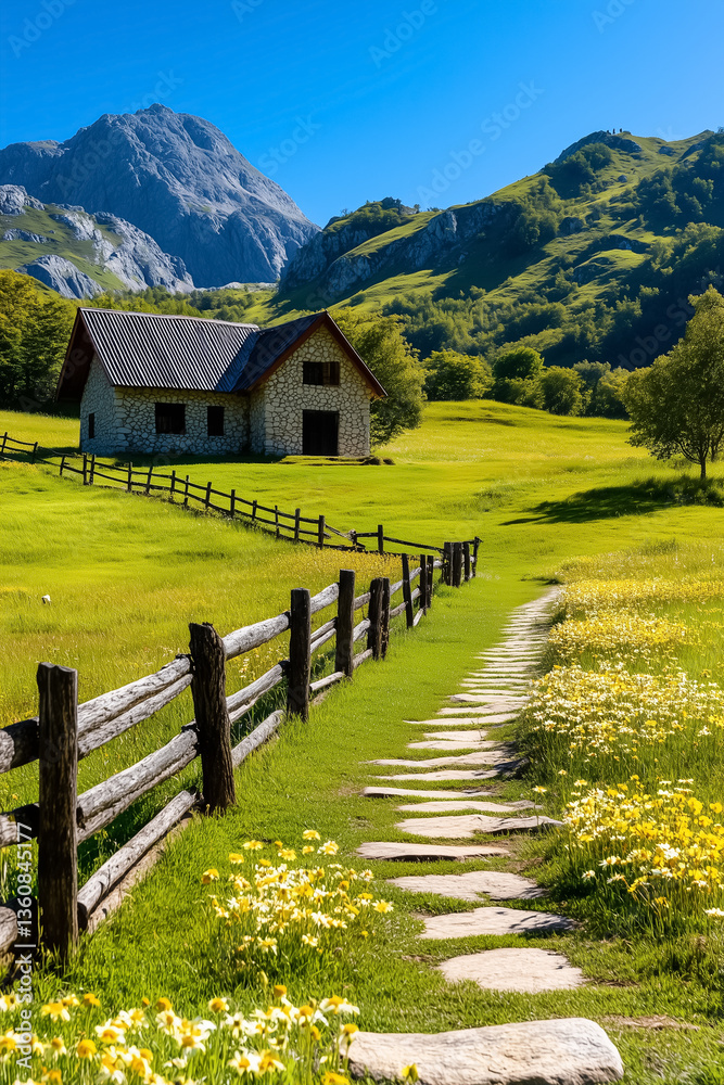 Pathway lined with stones leads to rustic barn in picturesque countryside. Bright green hills and wildflowers create serene outdoor setting Pathway lined with stones leads to rustic barn in picturesque countryside. Bright green hills and wildflowers create serene outdoor setting