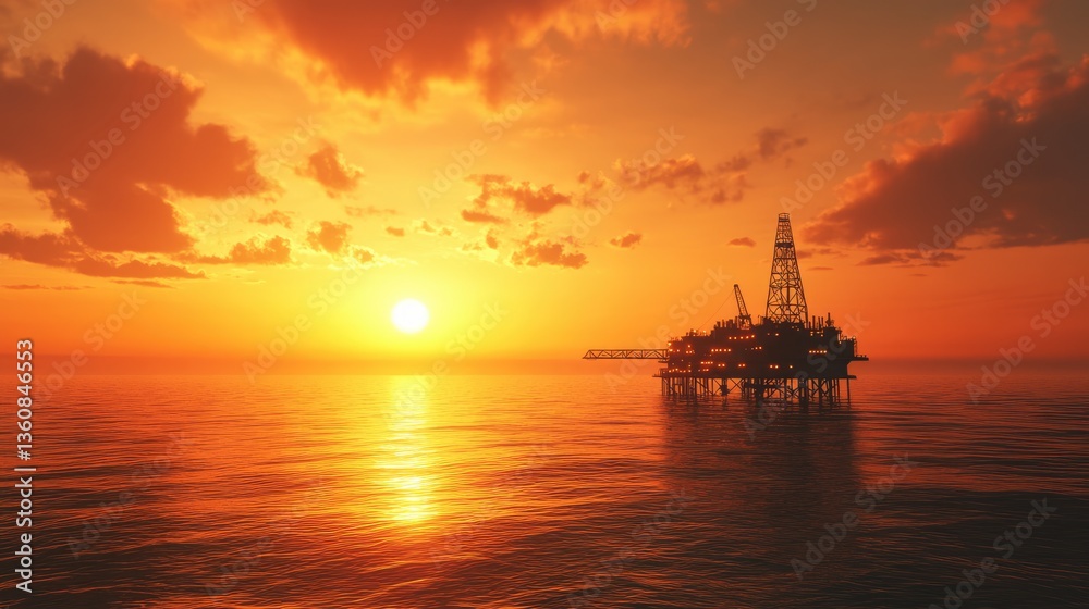 Sunset over an offshore oil rig, reflecting on calm waters, with dramatic clouds enhancing the scene Sunset over an offshore oil rig, reflecting on calm waters, with dramatic clouds enhancing the scene