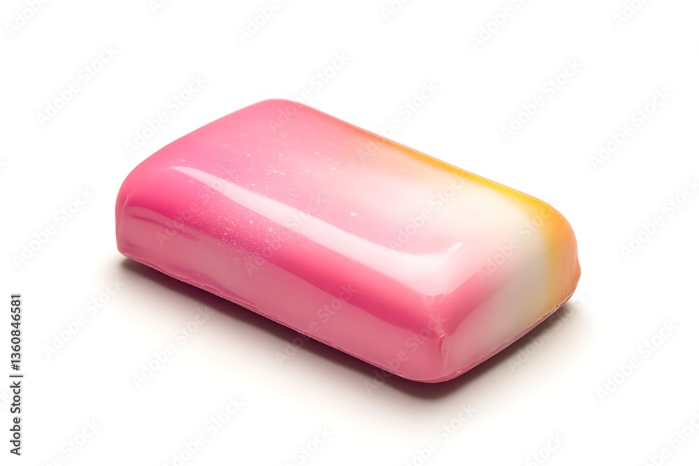 A single rectangular pink and yellow ombre glossy soap bar on white background A single rectangular pink and yellow ombre glossy soap bar on white background