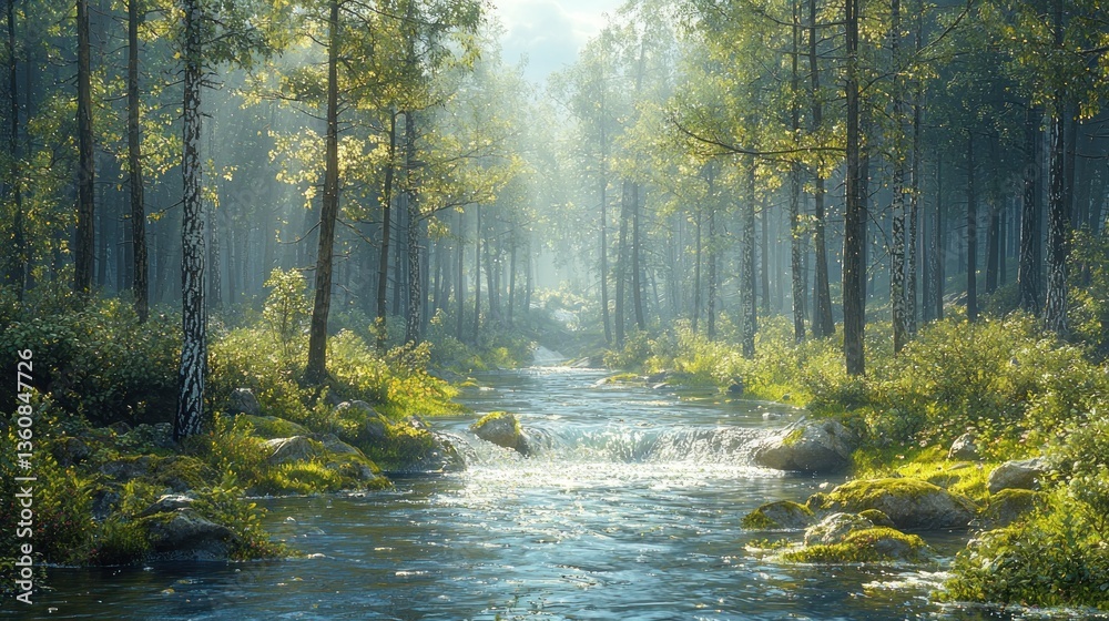 Fototapeta premium Sunlit stream flows through a misty forest.
