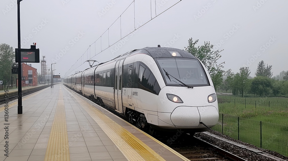 Naklejka premium High-Speed Train Arriving at the Station on a Rainy Day