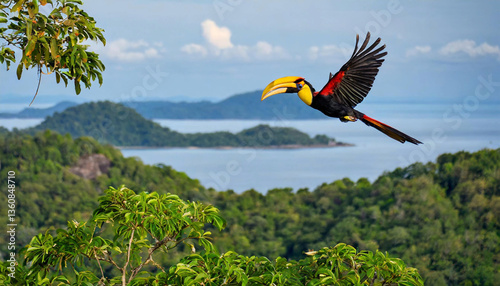 Vibrant hornbills glide gracefully above the dense jungle