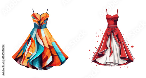 Two elegant dresses, one with a vibrant abstract pattern and the other a classic red ballgown, displayed against a white background.