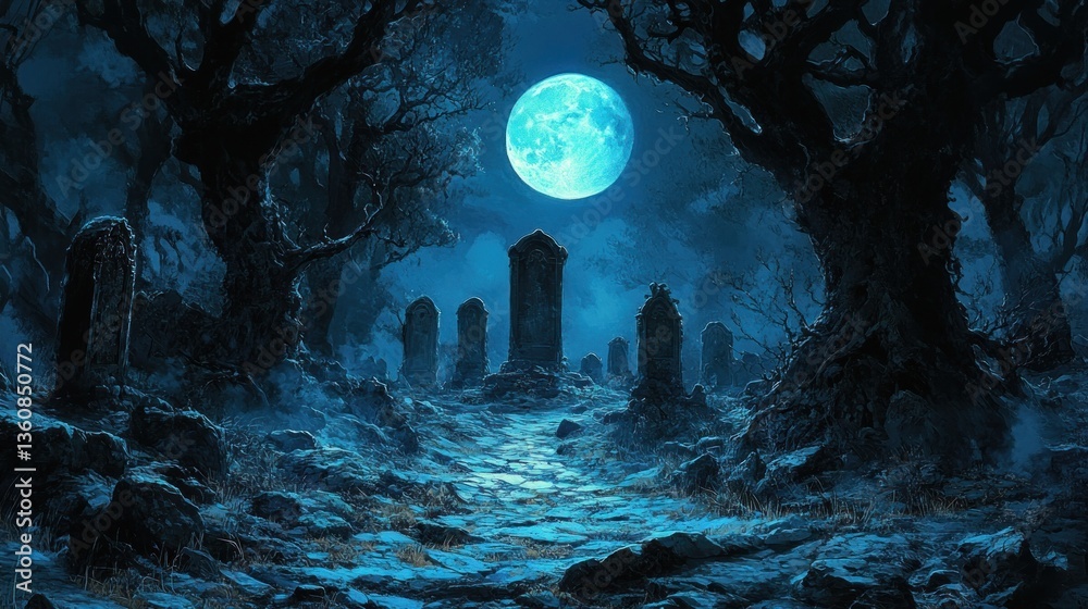 Obraz premium Eerie Moonlight Cemetery: A Mystical Night Scene