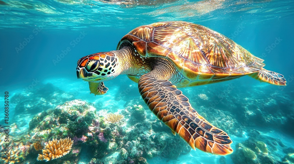 Obraz premium Majestic Sea Turtle Gracefully Gliding Through Vibrant Coral Reef