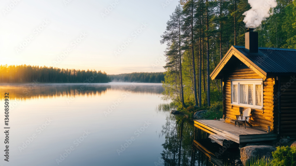 Obraz premium Tranquil finnish lakeside cottage at sunset surrounded by nature