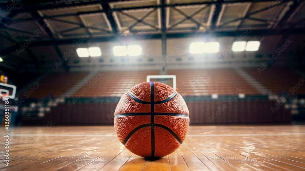 Low-angle shot of a basketball on a court, with a blurred hoop in the background, capturing a cinematic video feel in a dimly lit gym. Low-angle shot of a basketball on a court, with a blurred hoop in the background, capturing a cinematic video feel in a dimly lit gym.