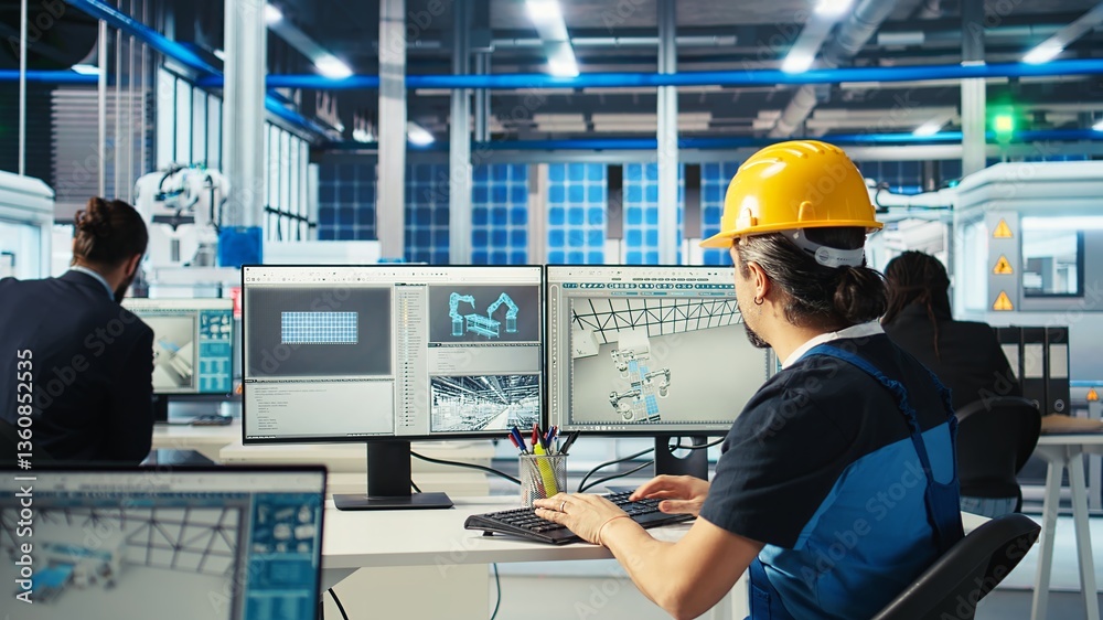 Photovoltaics factory engineer using PC to test robot arms placing solar panels on assembly lines. Professional sitting at computer desk inspecting solar plant heavy machinery units, camera A Photovoltaics factory engineer using PC to test robot arms placing solar panels on assembly lines. Professional sitting at computer desk inspecting solar plant heavy machinery units, camera A