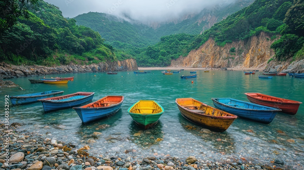 Colorful fishing boats in a secluded cove. Colorful fishing boats in a secluded cove.