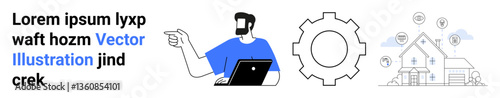 Man working on laptop while pointing, large gear symbol, house with floating health icons. Ideal for innovation, technology, medical services, home improvement, teamwork, and business strategy