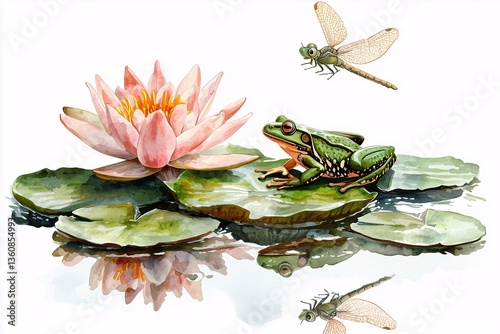 Watercolor Painting of Frog on Lily Pad with Dragonflies and Water Lily Reflection