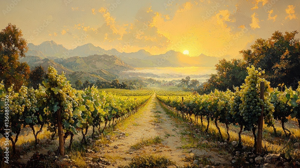 Naklejka premium Serene sunrise over vineyard rows.
