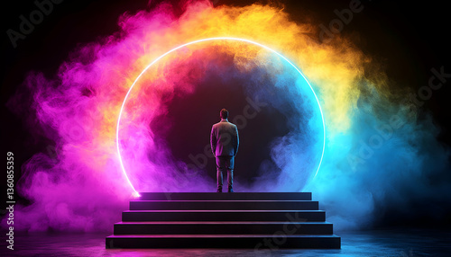 Man facing colorful neon ring, smoky background