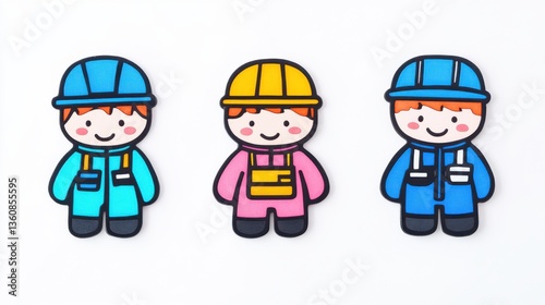 Cheerful Cartoon Construction Workers in Colorful Hats for Playful Illustrations and Educational Resources