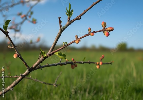 Fresh Spring Blossom on Fruit Tree Branch Against Bright Blue Sky with Green Meadow Background, Signifying Renewal and Growth in Nature's Cycle