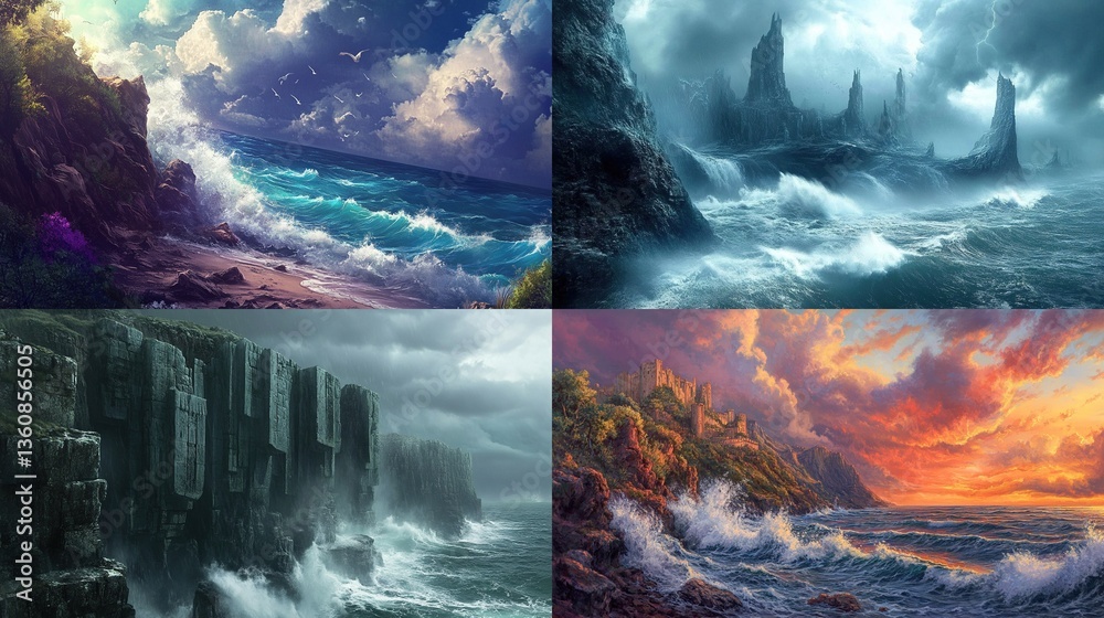 Naklejka premium Four scenic coastal landscapes depicting dramatic ocean waves crashing against rocky cliffs and shores under various weather conditions.