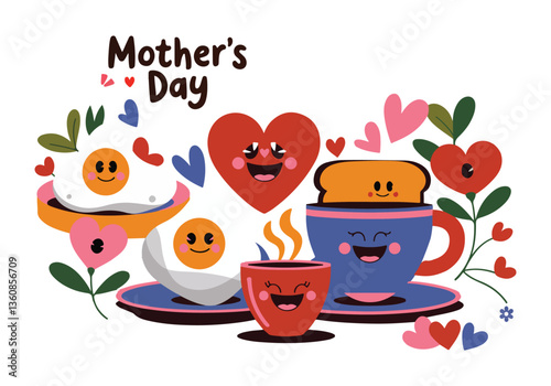 Cute Mothers Day Breakfast with Smiling Eggs, Toast, Coffee, Hearts, and Flowers in Kawaii Style