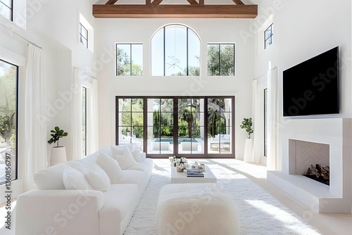 Modern White Living Room with Large Windows Overlooking Pool photo