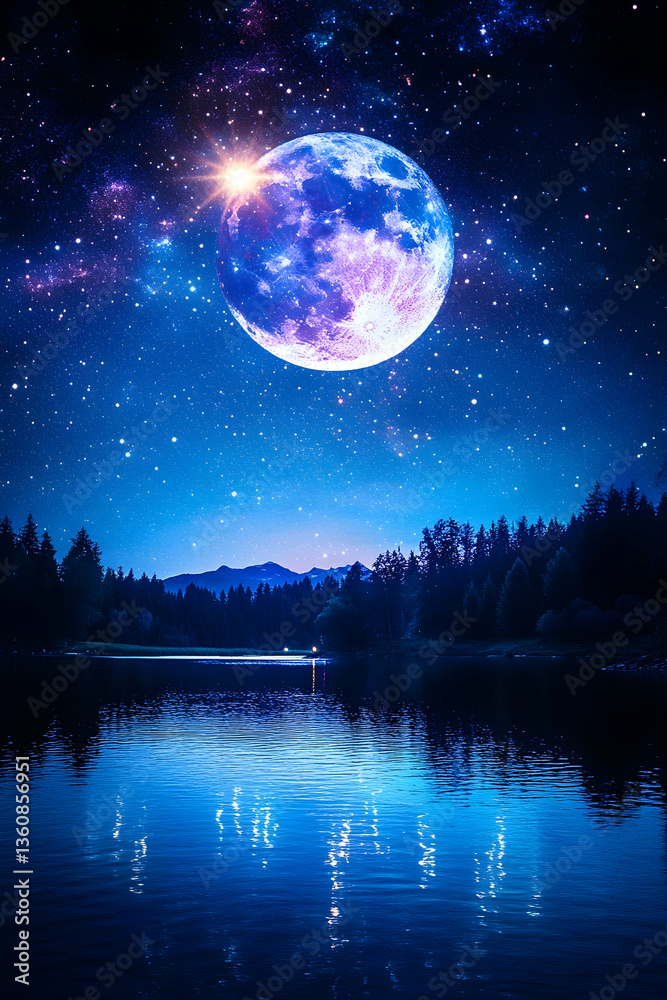 Moonlit Lake Scene, Night Sky Reflection. Possible Use Background, Wallpaper Moonlit Lake Scene, Night Sky Reflection. Possible Use Background, Wallpaper