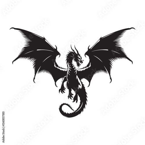 Black Dragon Illustration with Wings, Mythical Fantasy Creature for Nature and Digital Art
