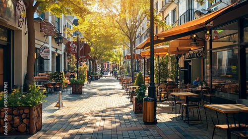 Charming Street Scene with Outdoor Cafe Seating and Sunlight, Perfect for Urban Lifestyles