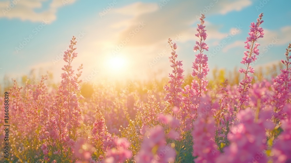 Naklejka premium Pink Flower Field at Sunset: A Serene Summer Landscape