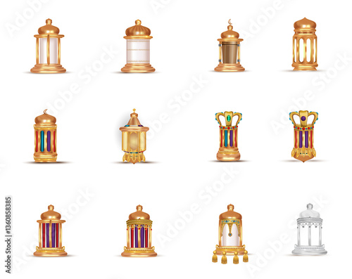 SET BUNDLE Oriental lamps Arab lanterns hang on gold chains. Isolated realistic decorative lighting 3D VECTOR