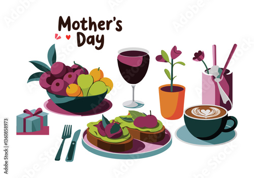 Mothers Day Breakfast with Avocado Toast, Coffee, Fruit Bowl, Wine Glass, Flowers, and Gift Box