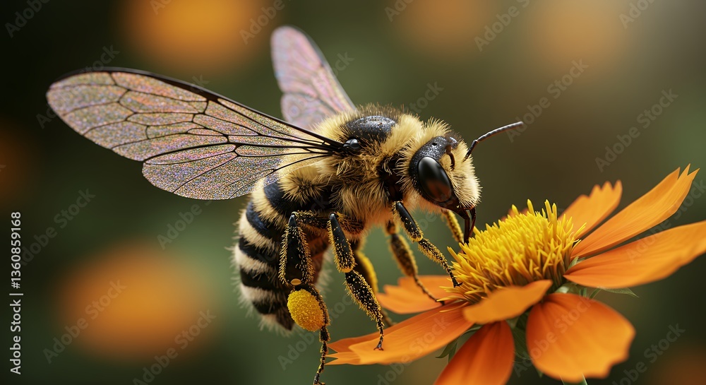Bee Gathering Pollen From Orange Flower in Natural Outdoor Setting Bee Gathering Pollen From Orange Flower in Natural Outdoor Setting