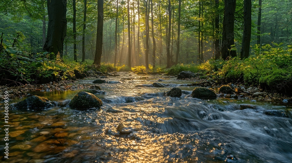 Obraz premium Sunbeams illuminate a tranquil forest stream at sunrise.