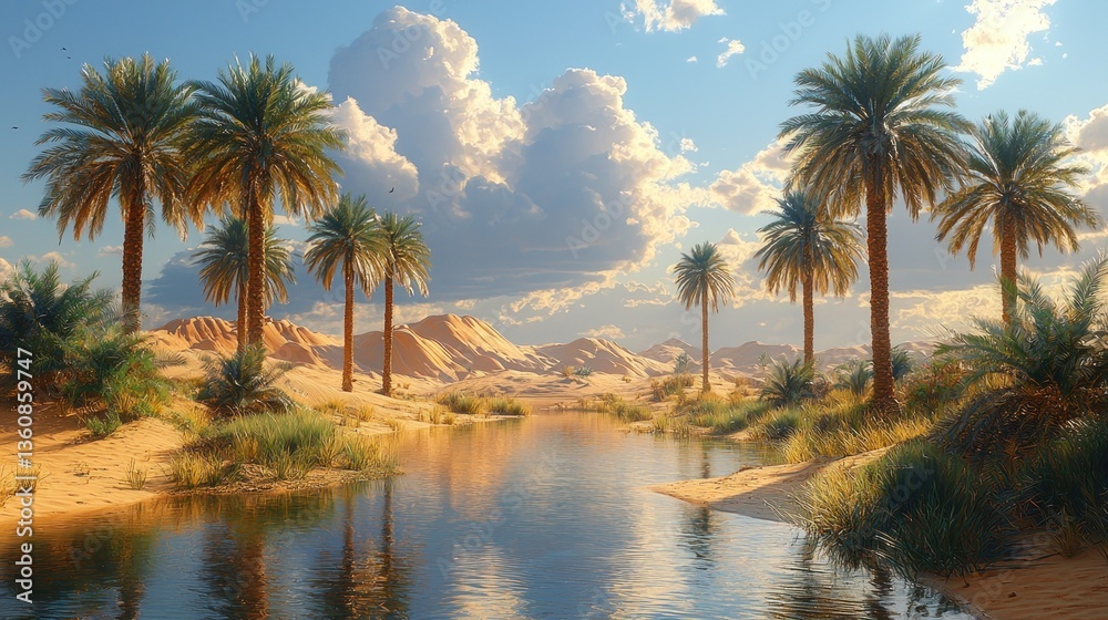 Obraz premium Oasis, desert, palm trees, water, sand, dunes, sky, clouds, sun, landscape, nature, serenity.