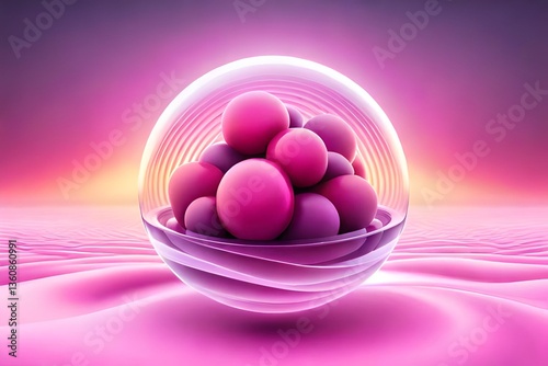 A cluster of vibrant pink and purple spheres contained within a transparent, glowing orb, set against a soft, undulating pink background.