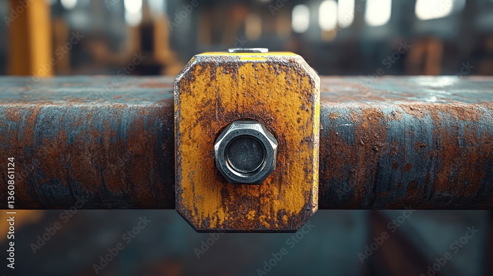 Rusted metal pipe with yellow clamp Rusted metal pipe with yellow clamp