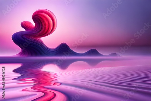 Abstract surreal landscape with swirling pink and purple forms reflected in water.