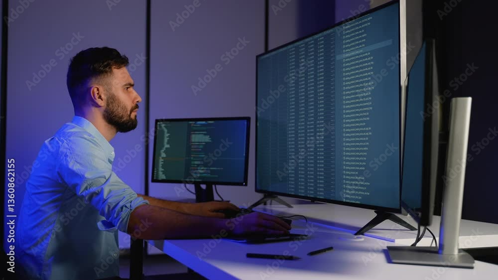 Cybersecurity expert analyzing code and monitoring system logs