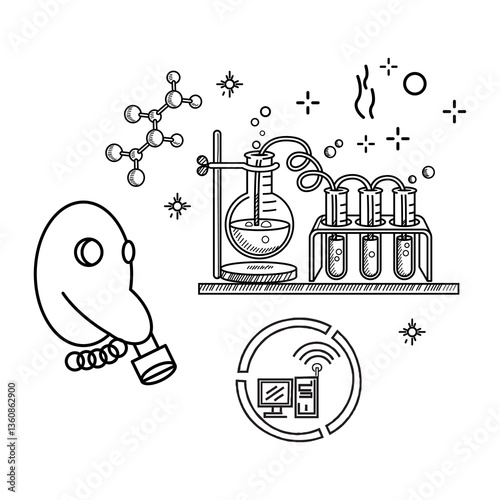 Large set of Chemistry lab and diagrammatic showing assorted experiments glassware and molecules