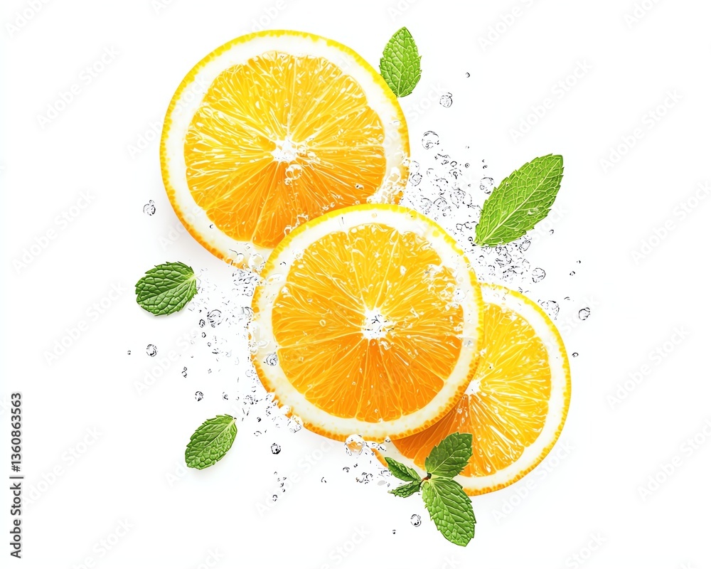 realistic 3D close-up of sliced citrus fruits and mint leaves in sparkling water, refreshing wellness drink setup on white background realistic 3D close-up of sliced citrus fruits and mint leaves in sparkling water, refreshing wellness drink setup on white background