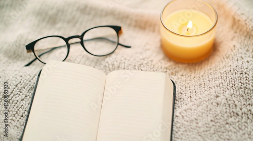 detail shot of a cozy wool blanket, book, reading glasses and natural candlelight, slow living lifestyle vibe