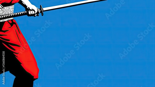 Red-clad warrior draws katana; blue background; martial arts action; poster art