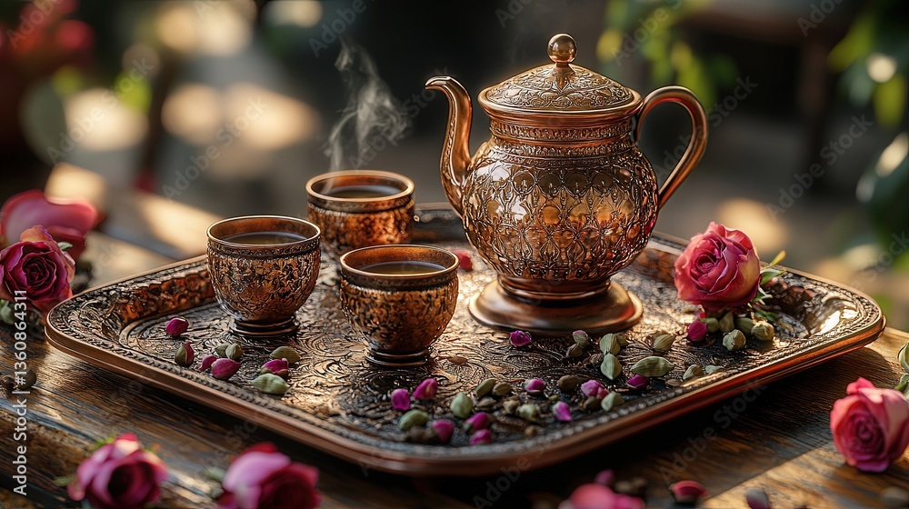 Fototapeta premium Ornate Arabic tea set with dates and flowers.