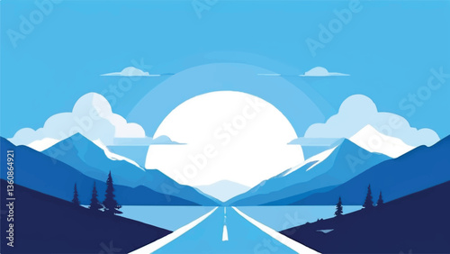 Mountains landscape. Road leading to mountains. Road landscape. Vector illustration.