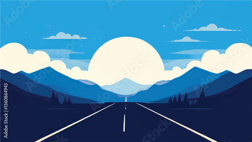 Mountains landscape. Road leading to mountains. Road landscape. Vector illustration.