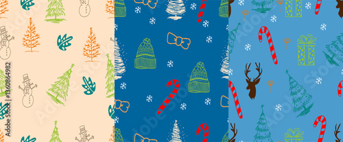 Simple Christmas seamless pattern with geometric motifs. Snowflakes and circles with different ornaments. Retro textile collection