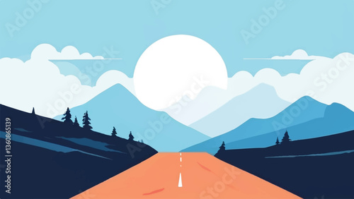 Mountains landscape. Road leading to mountains. Road landscape. Vector illustration.