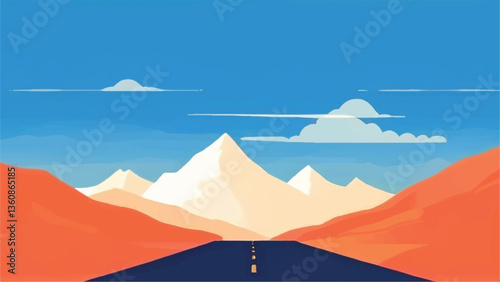 Mountains landscape. Road leading to mountains. Road landscape. Vector illustration.