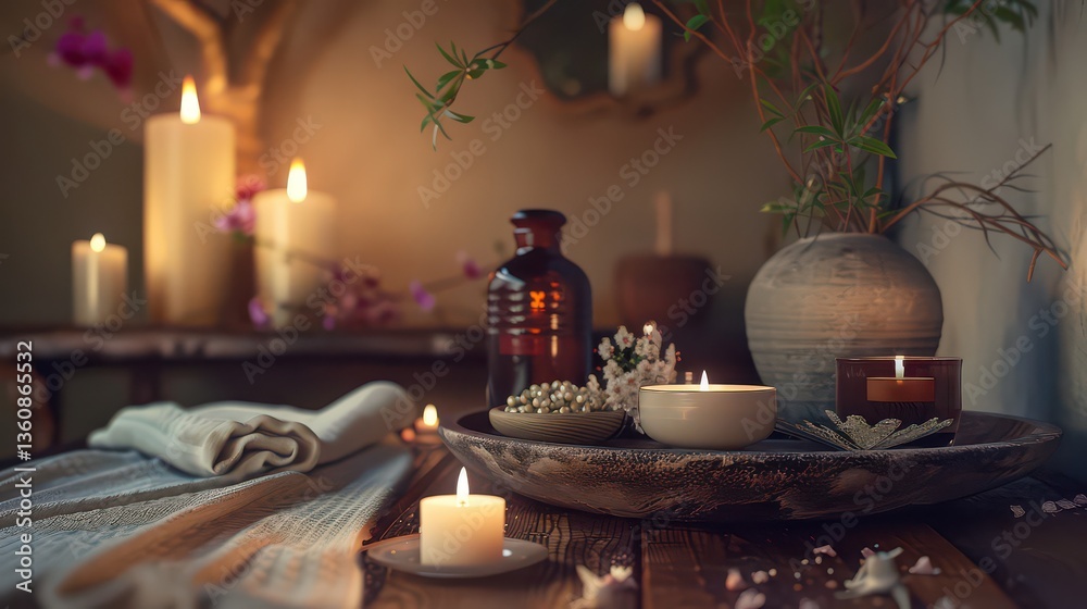 Wellness and self-care concept with spa essentials and candles. Wellness and self-care concept with spa essentials and candles.