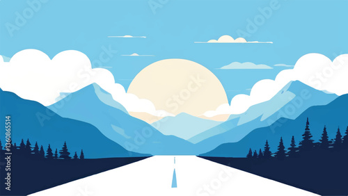 Mountains landscape. Road leading to mountains. Road landscape. Vector illustration.